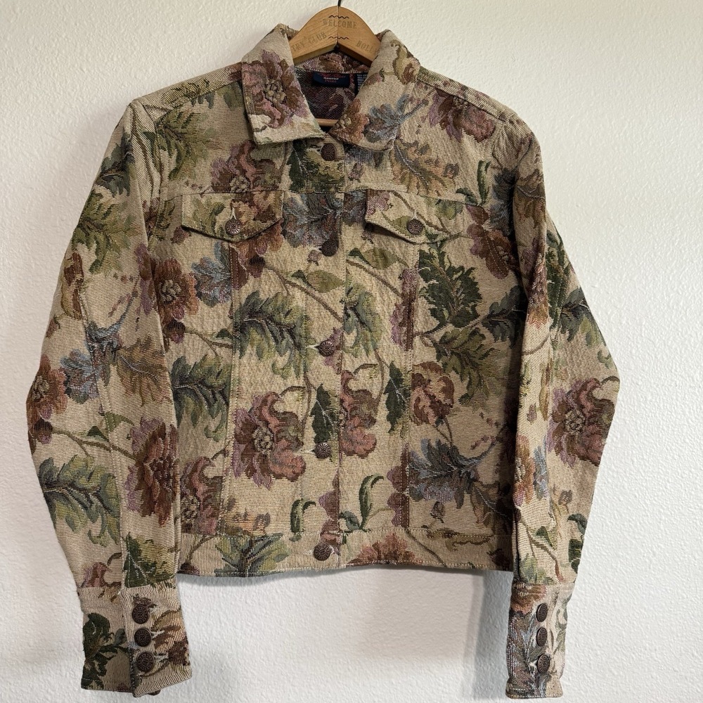 Bill Blass Jeanswear Vintage 80s Floral Tapestry Jacket Tan Size Small Petite